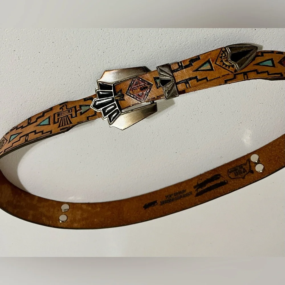 Native American Southwestern Style Tan Leather Belt with Silver Buckle - Picture 3 of 15